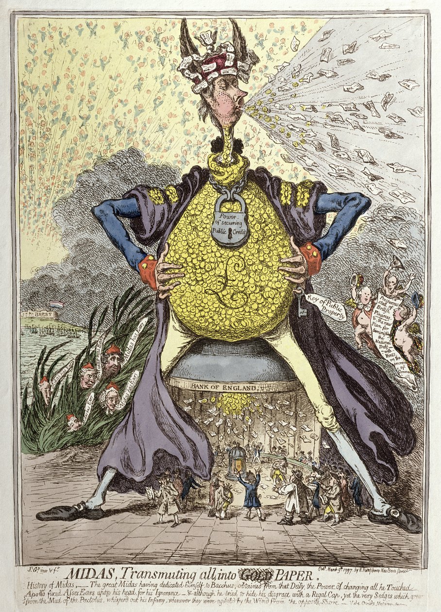 Midas transformant tout en or, publié par Hannah Humphrey en 1797 (eau-forte coloriée à la main) - James Gillray