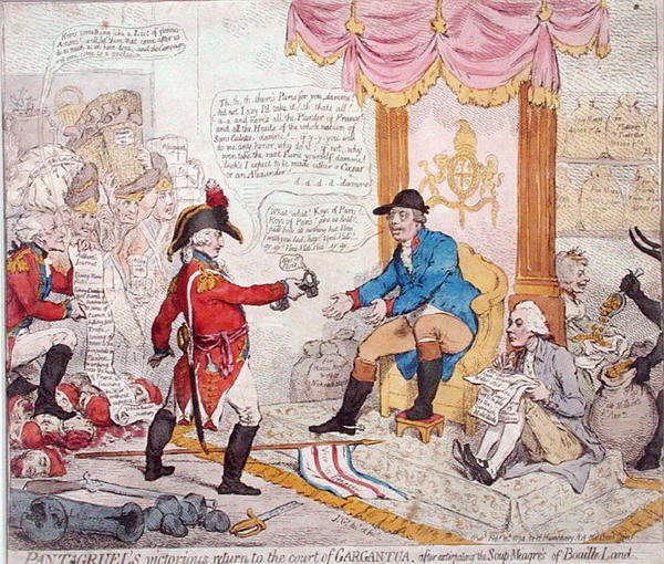 Retour victorieux de Pantagruel à la cour de Gargantua après avoir extirpé les Soup-Meagres de Bouaille Land, publié par Hannah Humphrey en 1794 - James Gillray