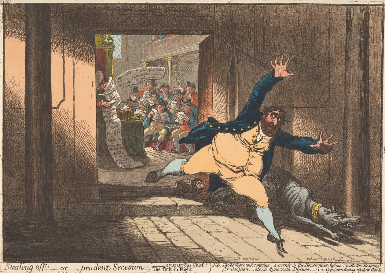 Fuite précipitée ; - ou - Sécession prudente. « Le chef courageux, le premier à prendre la fuite » - James Gillray