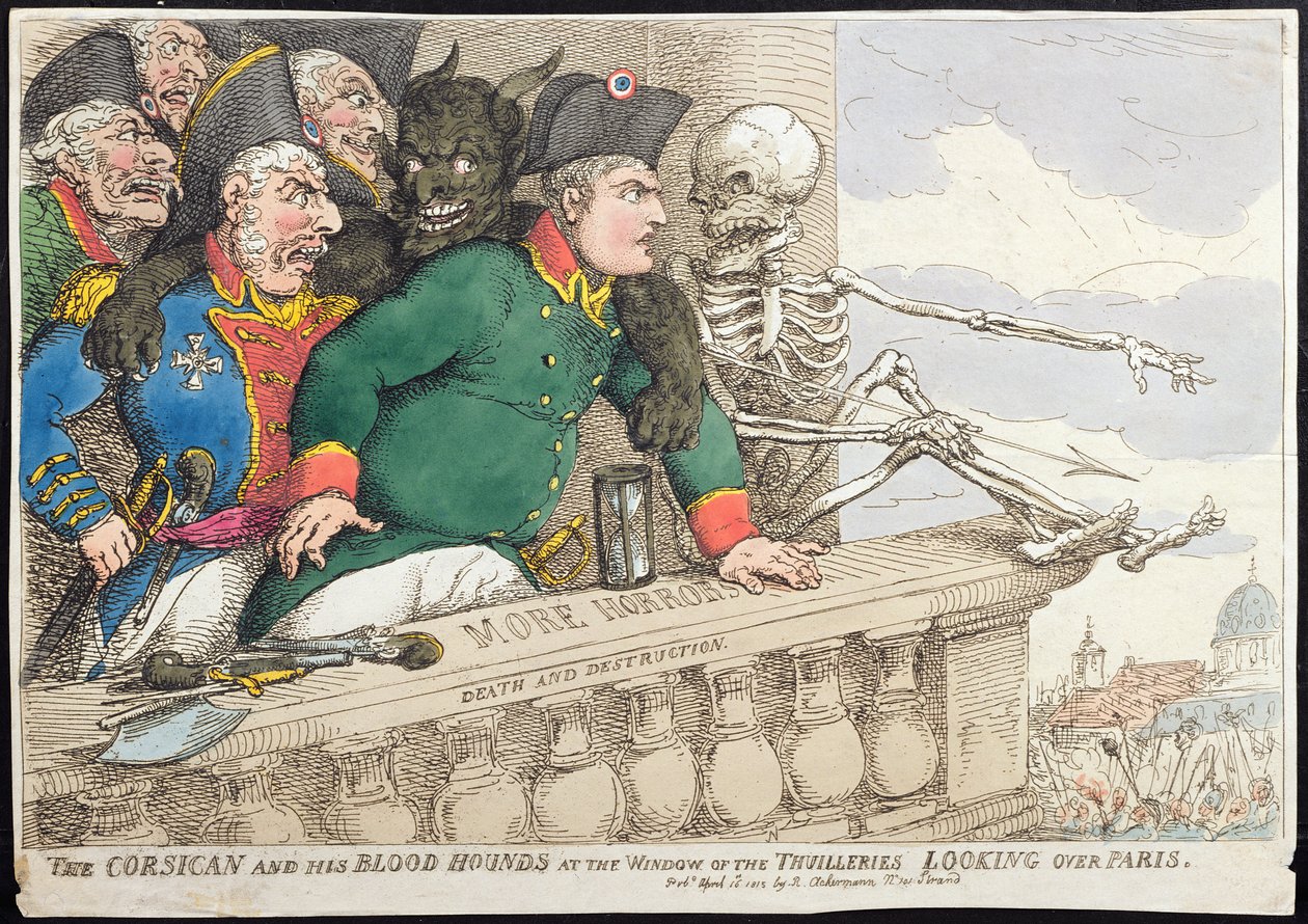 Le Corse et ses chiens de sang à la fenêtre des Tuileries, regardant Paris, publié par Hannah Humphrey en 1815 - James Gillray