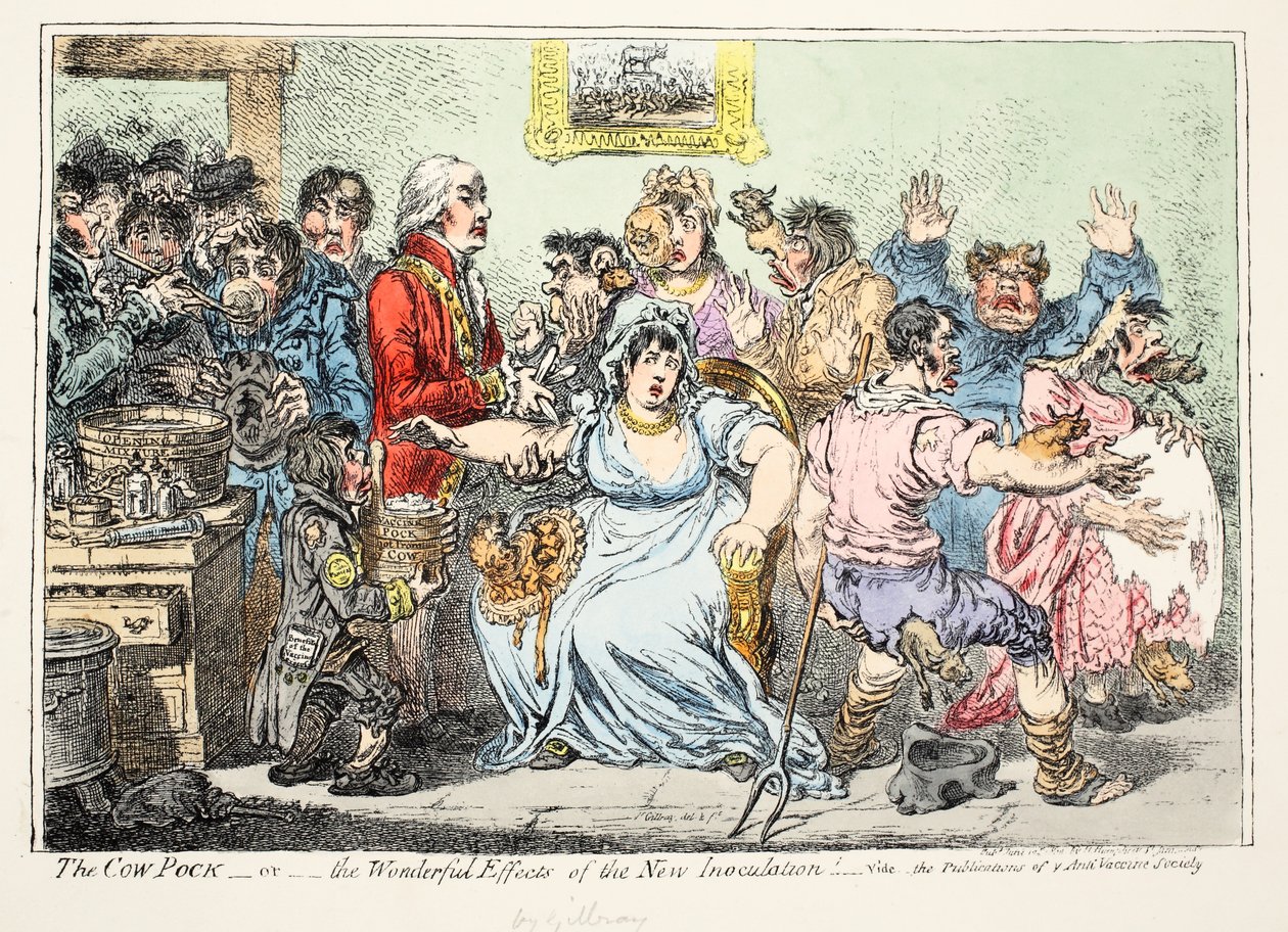 La variole bovine ou les effets merveilleux de la nouvelle inoculation ! Voir les publications de la société anti-vaccin, pub par H. Humphreys - James Gillray