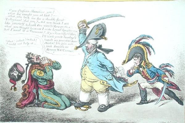 Le ministre magnanime châtiant la perfidie prussienne, publié par Hannah Humphrey en 1806 - James Gillray