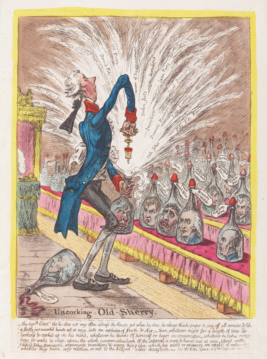 Décapsuler le vieux Sherry, publié en 1805 - James Gillray