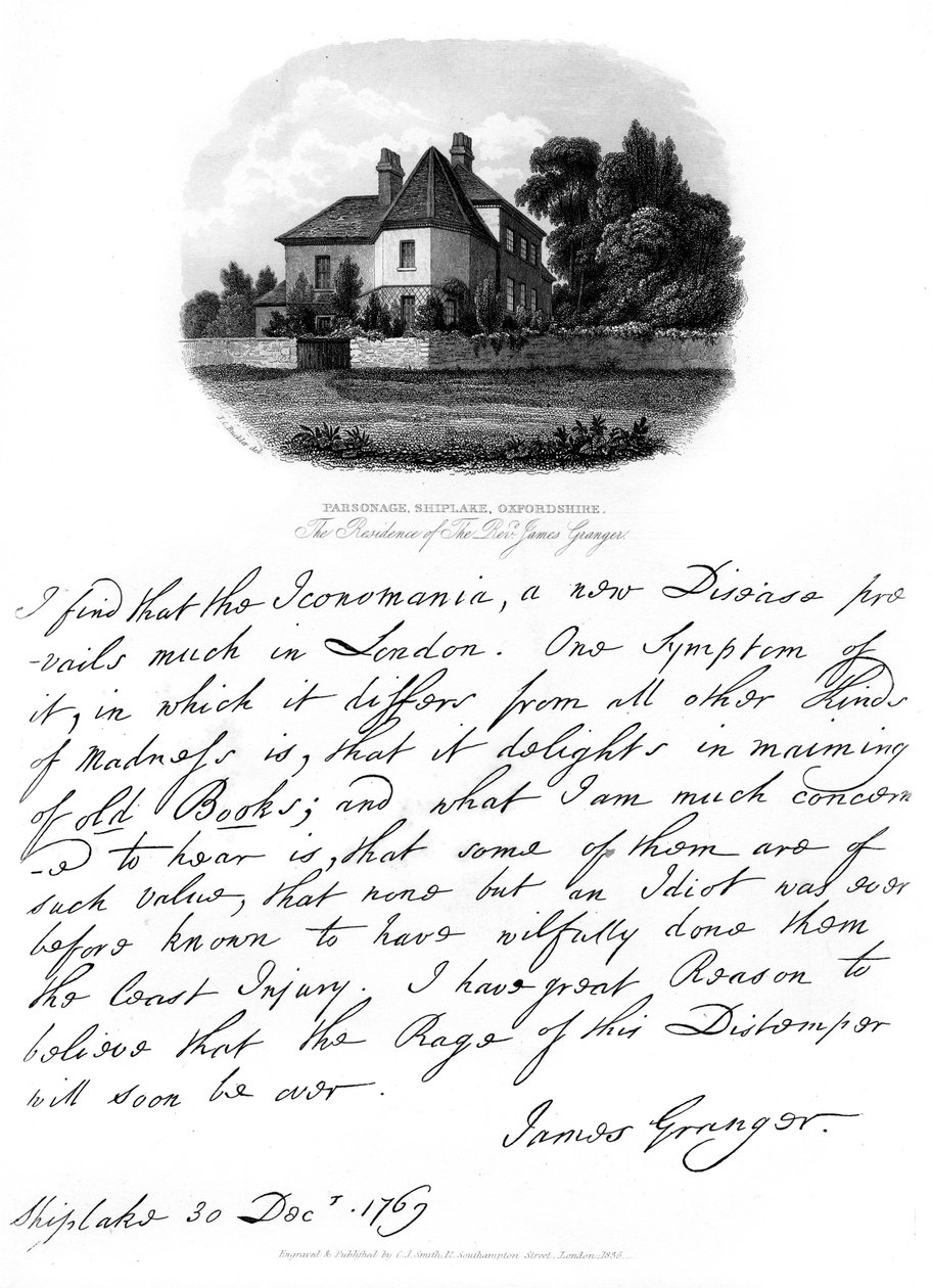 Lettre du révérend James Granger et vue de sa résidence à Shiplake, 1769, 1840 - James Granger
