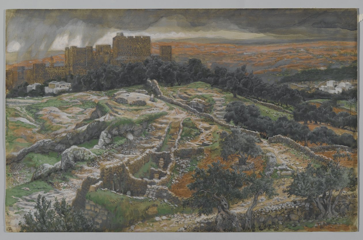 Reconstruction du Golgotha et du Saint-Sépulcre, vue depuis la porte judiciaire, illustration de La vie de notre Seigneur Jésus-Christ - James Jacques Joseph Tissot