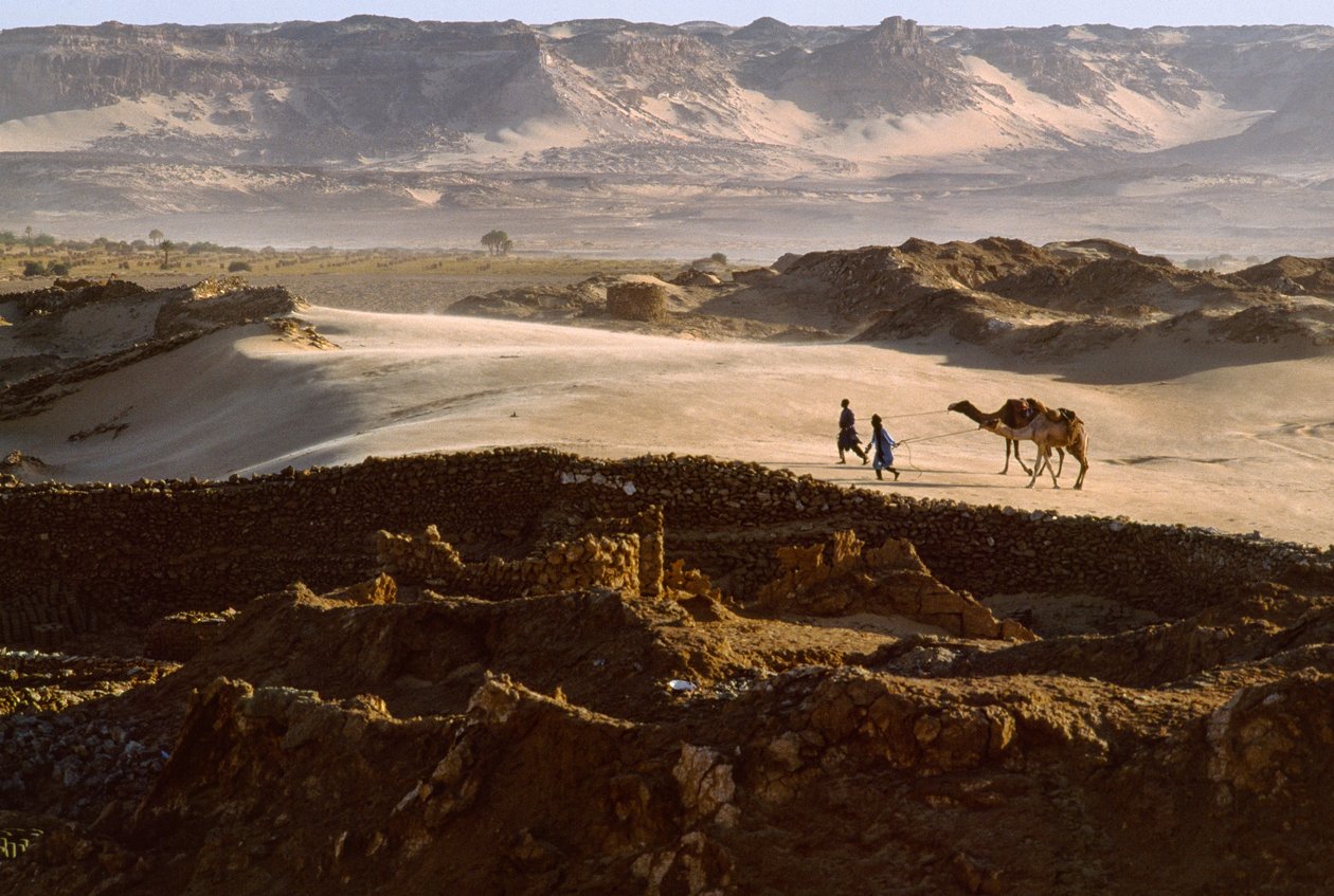 Chameau avec des membres de la caravane de sel traversant un plateau désertique à BILMA, NIGER. BILMA, NIGER. - James L Stanfield