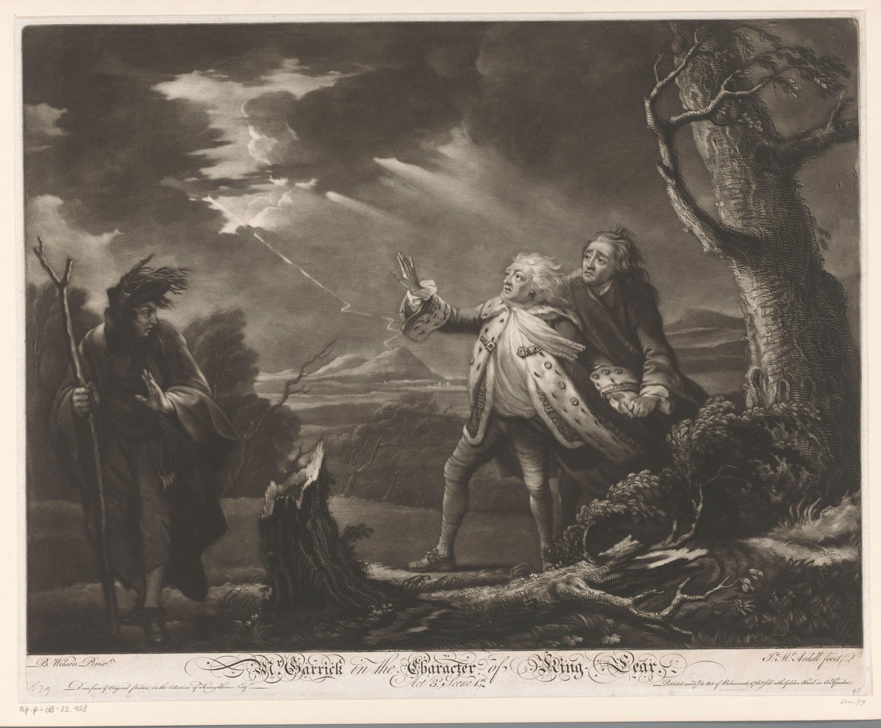 David Garrick en roi Lear avec le comte de Kent et Edgar déguisé en Tom dans un paysage orageux (Mr. Garrick in the Character of King Lear) - James McArdell