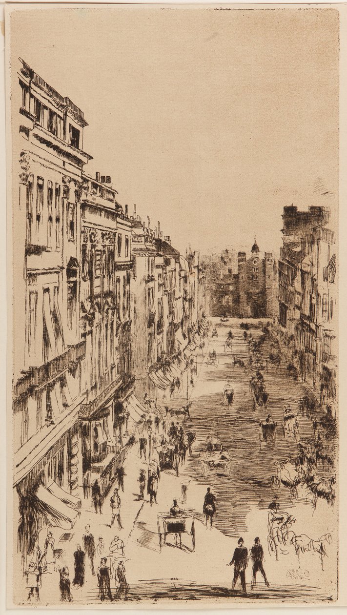 Rue St. James ; reproduction lithographique inversée de la gravure "Rue St. James," pour <u>Vanity Fair</u>, Londres, 1878 - James Abbott McNeill Whistler