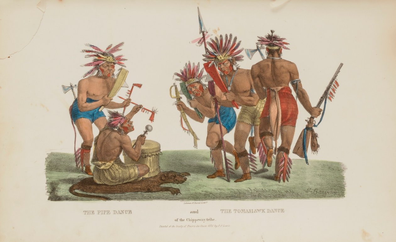 La danse du calumet et la danse du tomahawk de la tribu Chippeway, extrait du Portfolio autochtone - James Otto Lewis