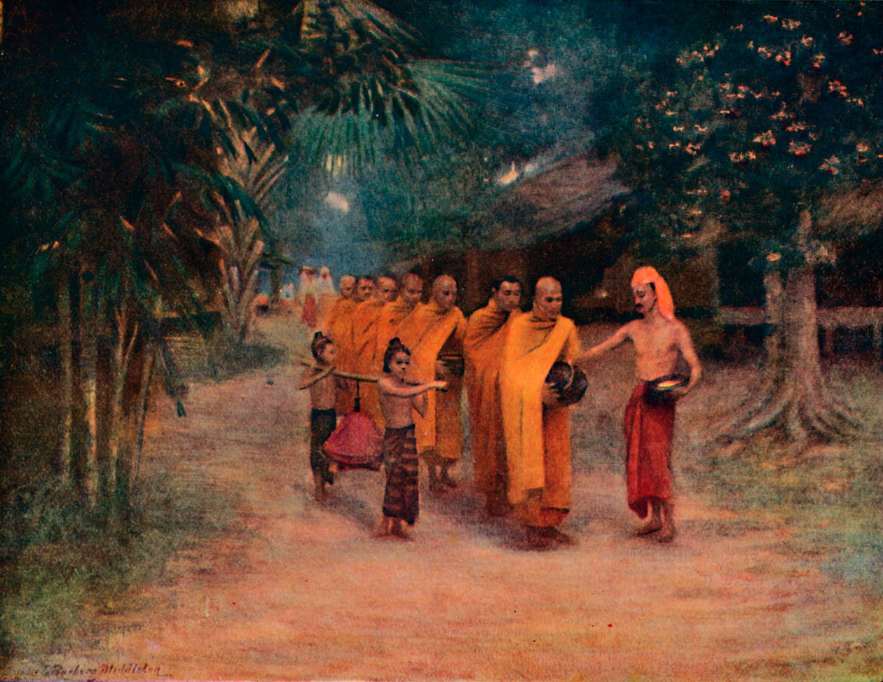 Moines birmans mendiant dans un village - Tôt le matin, 1913 - James Raeburn Middleton