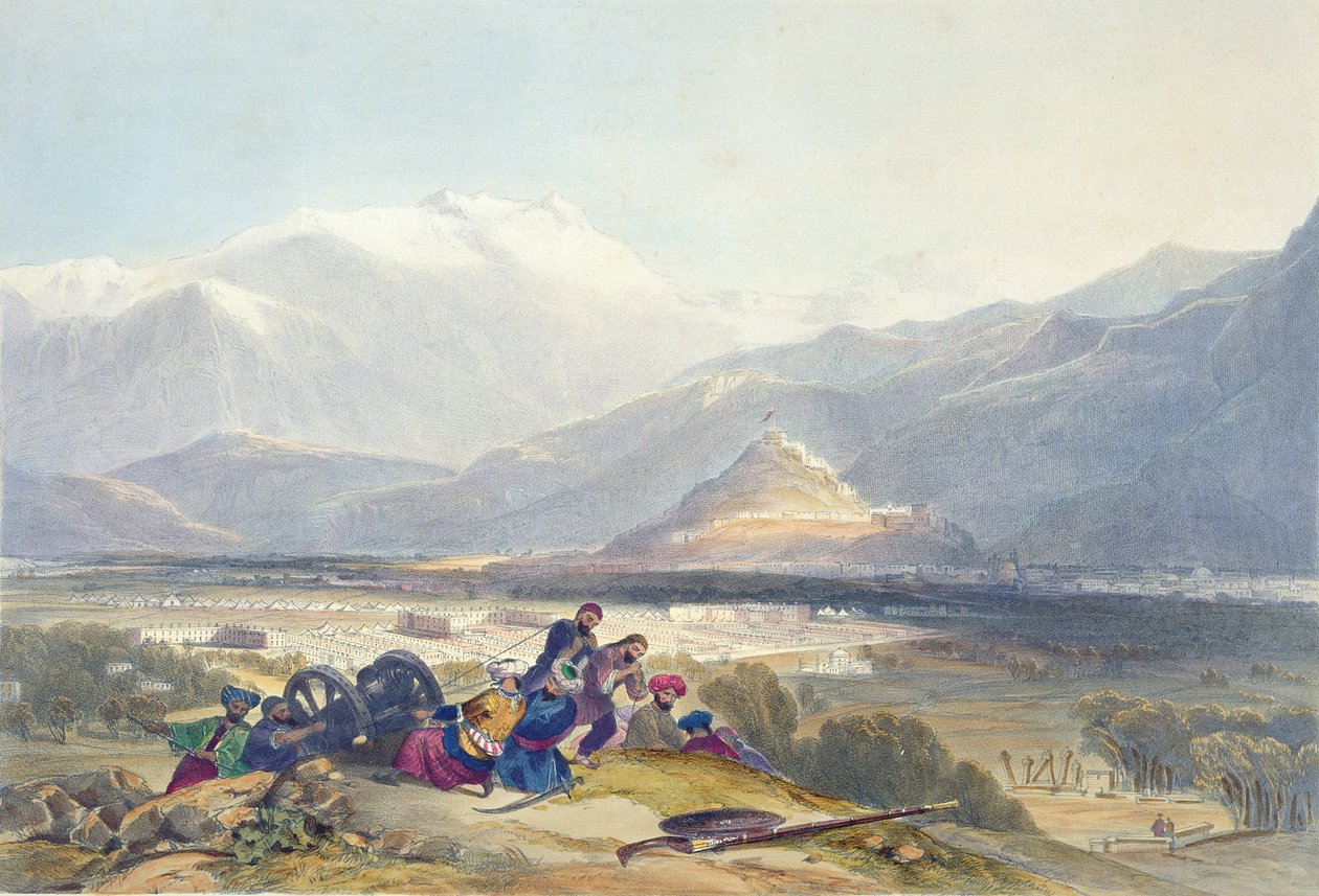 Bala Hissar et la ville de Kaboul avec les cantonnements britanniques depuis la colline de Ba Maroo, début des hostilités, planche 16 de « Scenery, Inhabitants and Costumes of Afghanistan », gravée par R. Carrick - James Rattray