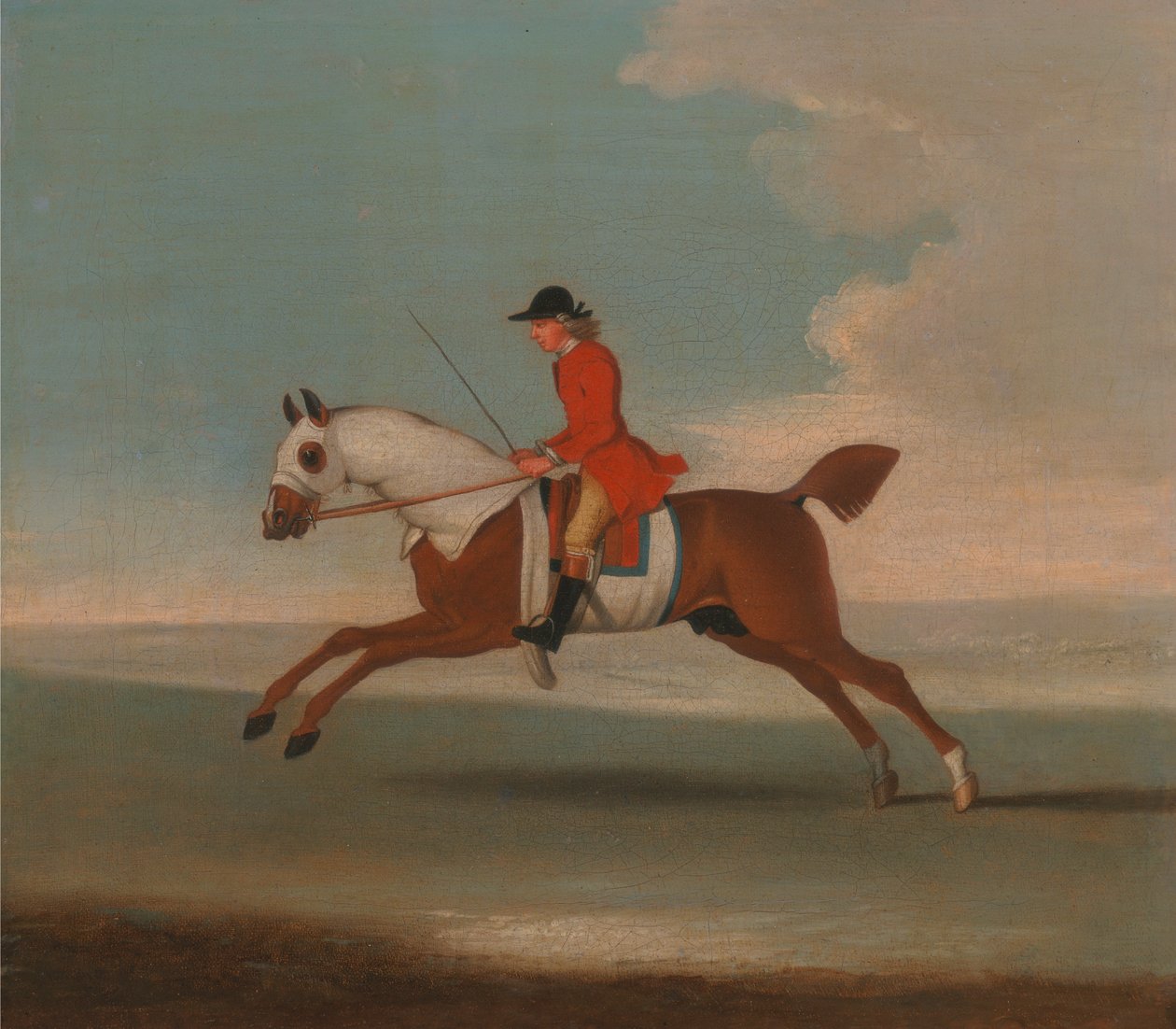 Un des quatre portraits de chevaux - un cheval de course alezan exercé par un entraîneur en manteau rouge (détail) - James Seymour