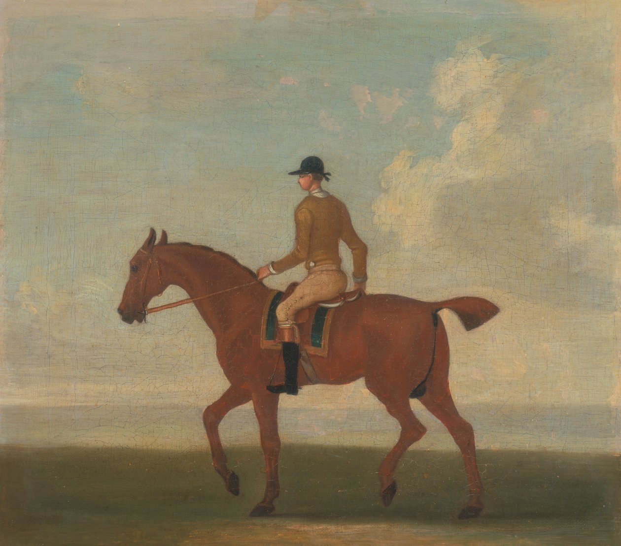 Un des quatre portraits de chevaux - un cheval de course alezan avec jockey : marchant vers la gauche ; jockey en veste jaune buff - James Seymour