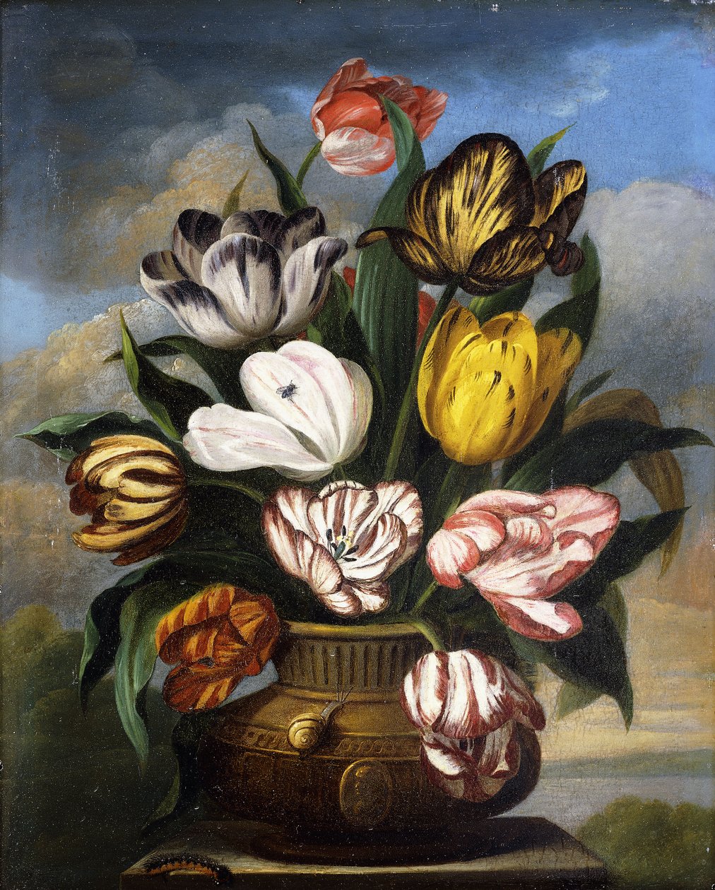 Tulipes dans un vase, avec une chenille, un escargot et une mouche, sur un socle dans un paysage, 1826 - James Sillett