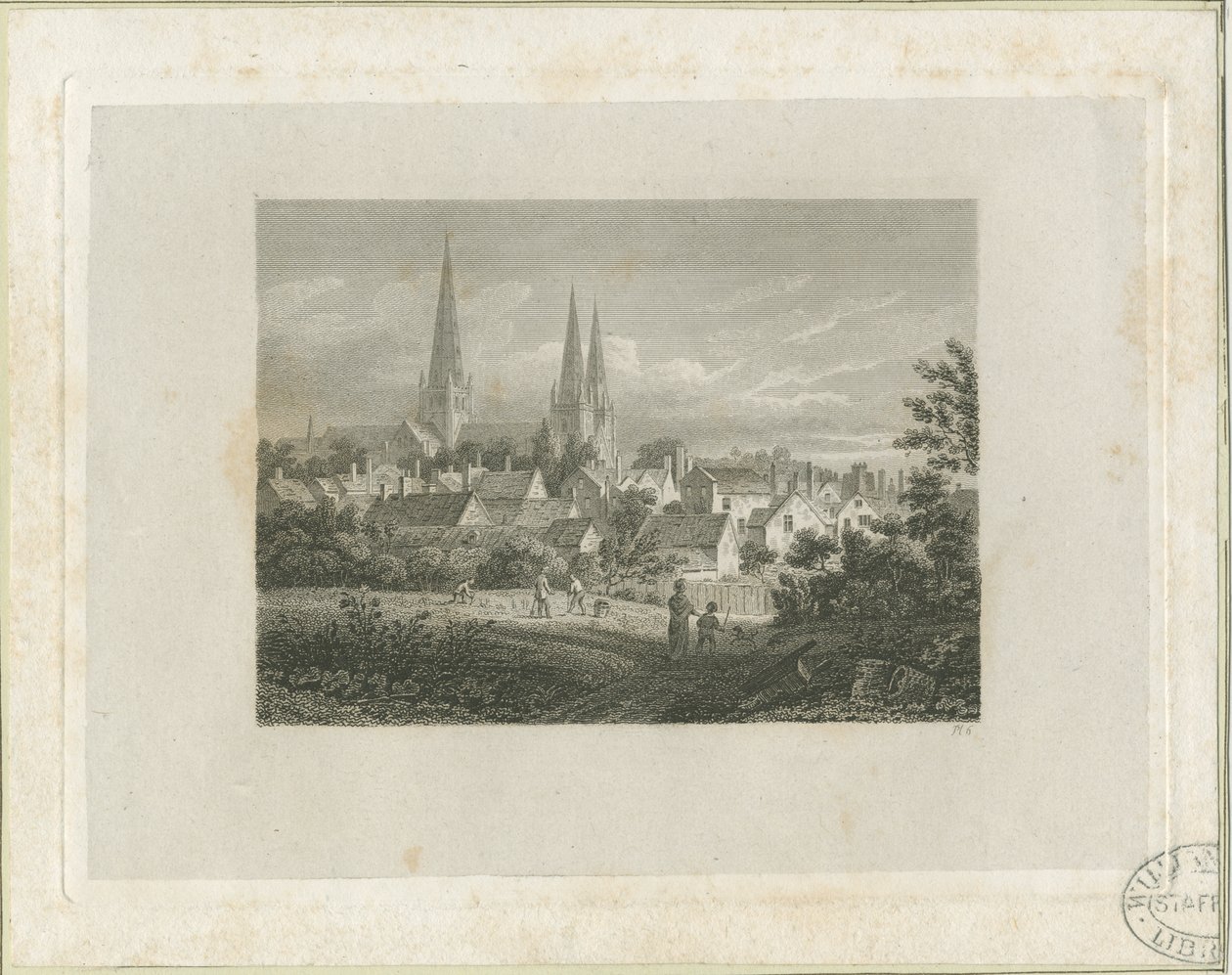 Cathédrale de Lichfield - Vue nord-nord-ouest (lointaine) : gravure, nd [vers 1816] - James Storer