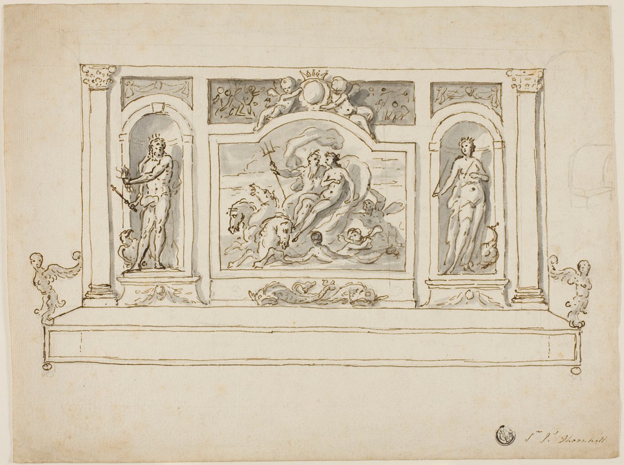 Neptune et Amphitrite flanqués de Jupiter et Junon : Design for Painted Hall or Garden Bench - James Thornhill