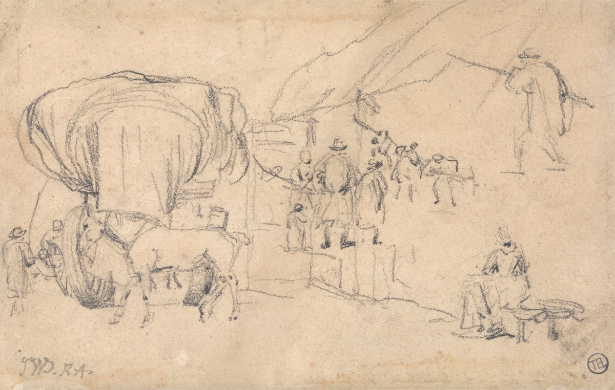 Feuille de croquis : chariot, cheval, laitière et autres études de figures - James Ward