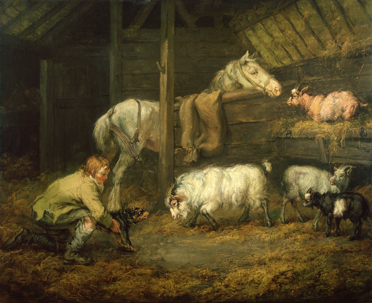 Jeune garçon et son chien dans une écurie avec un cheval et des moutons - James Ward