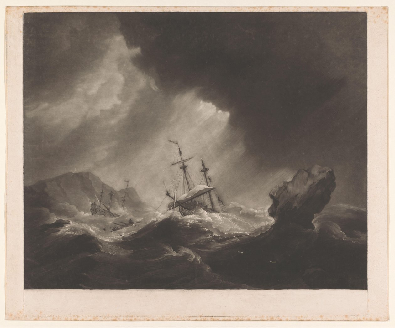 Tempête en mer avec naufrage et navire en train de couler - James Watson (prentmaker)