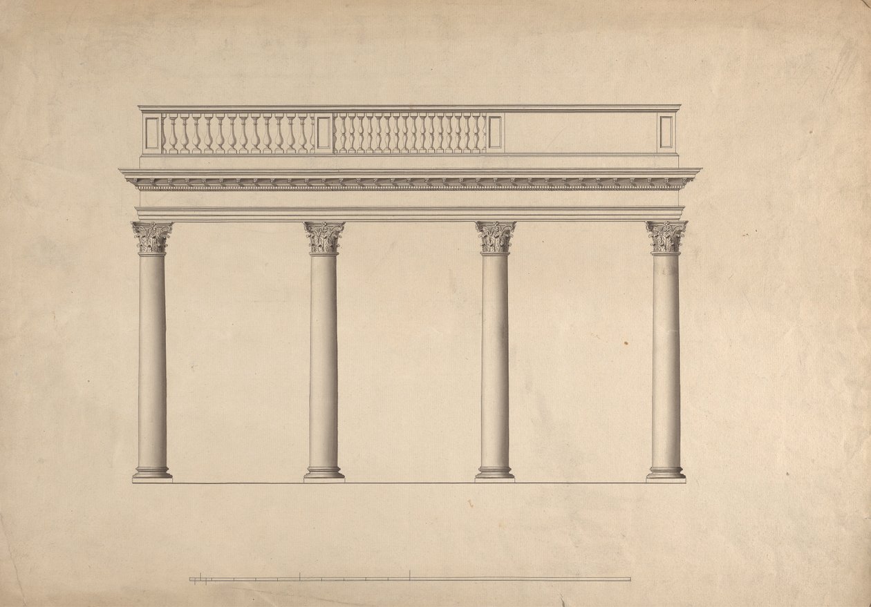 Cobham Hall, Kent : élévation de la colonnade avec parapet à balustrade - James Wyatt