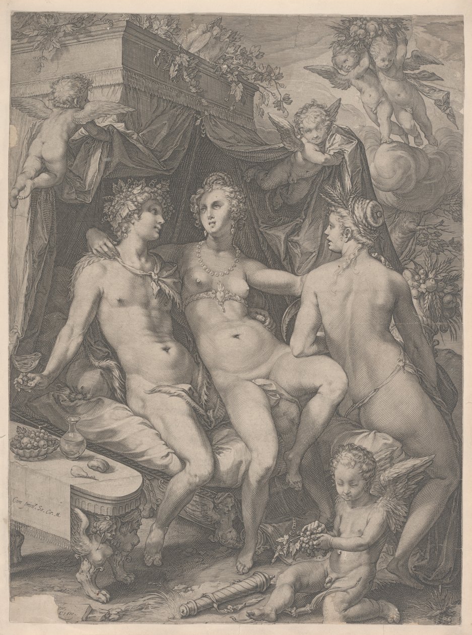 Vénus assise sur un lit entre Bacchus et Cérès, 1600 - Jan Saenredam