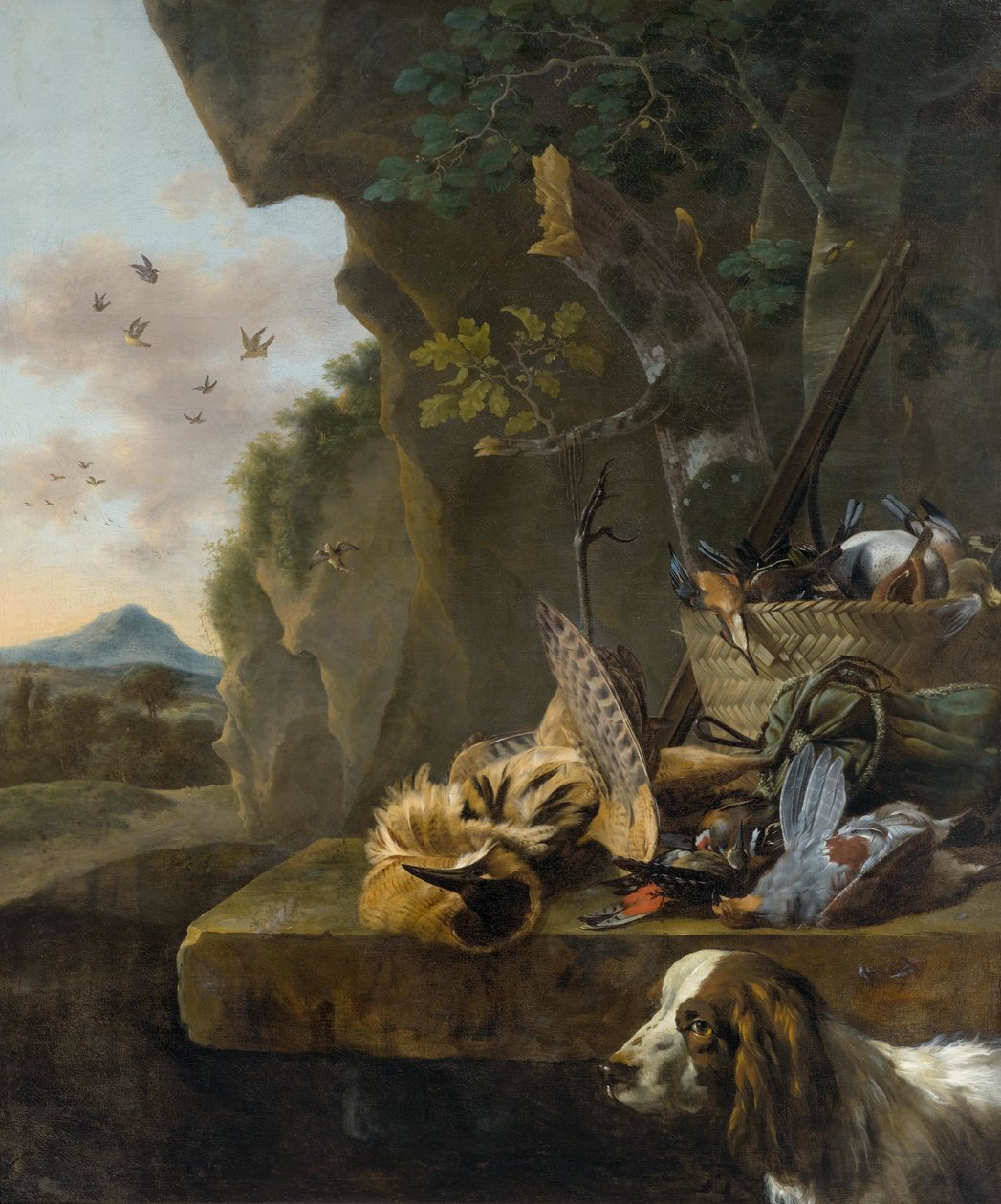 Nature morte de chasse avec un butor et un chien dans un paysage - Jan Baptist Weenix