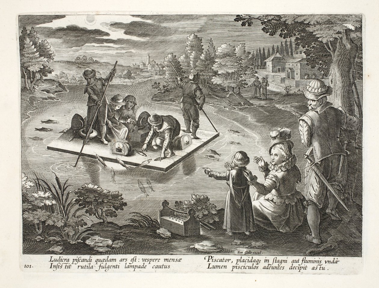 Pêche sur un lac la nuit, planche 101, illustration de 