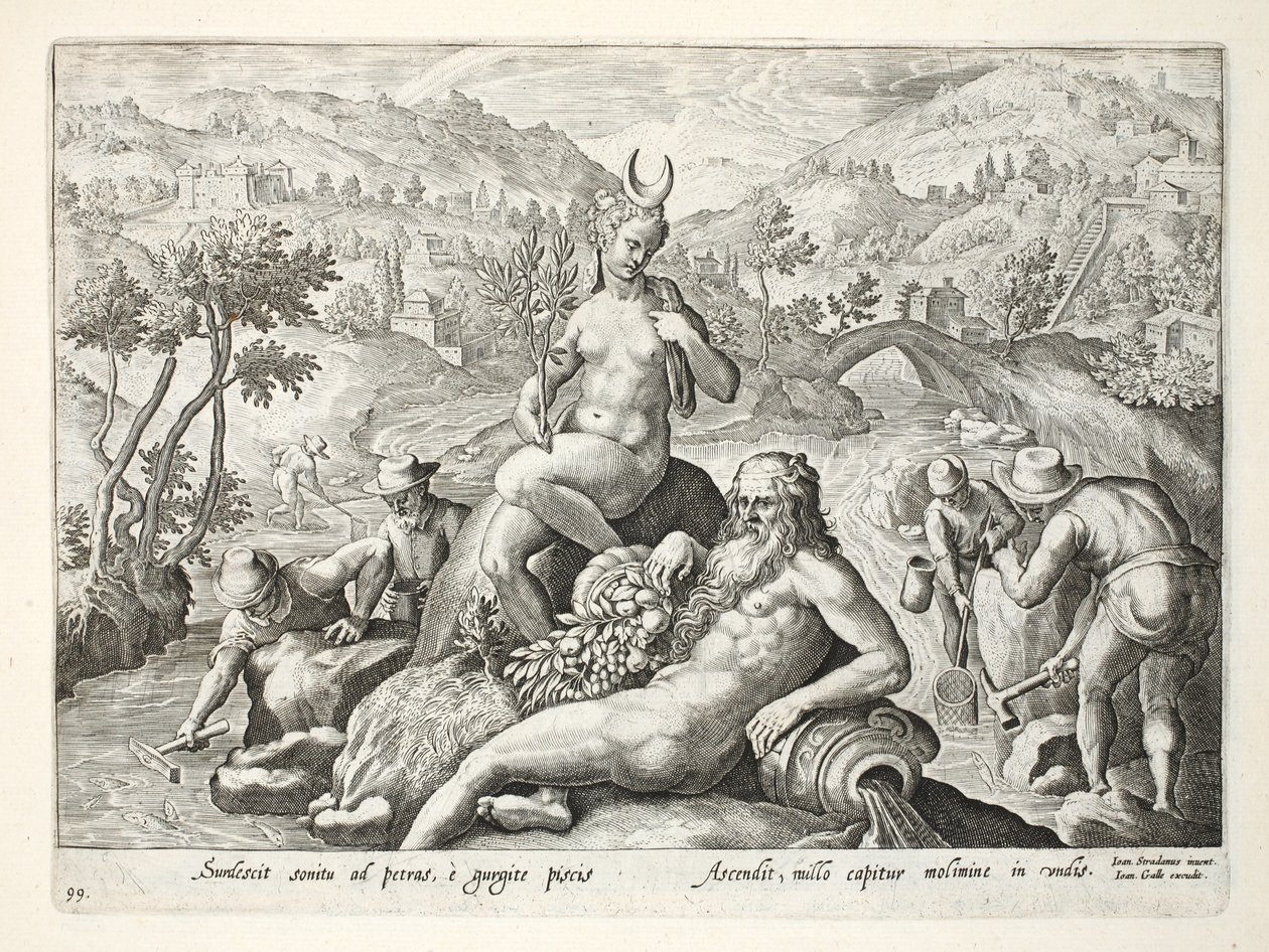 Méthode de pêche au filet en tapant contre les rochers, illustration de 