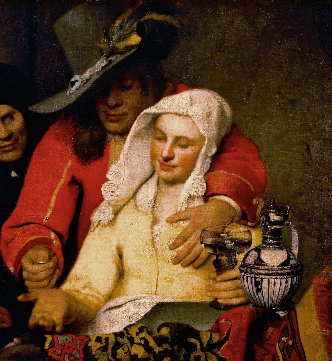Un homme tend une pièce à une femme touchant sa poitrine (détail) - Johannes Vermeer