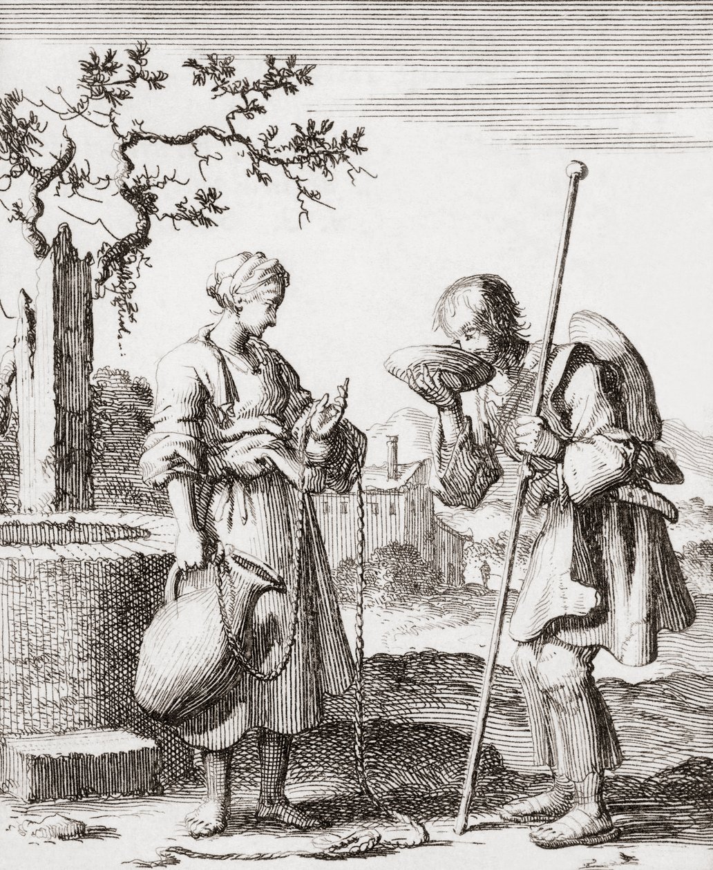 Une femme donne à boire à un pèlerin - Jan (after) Luyken