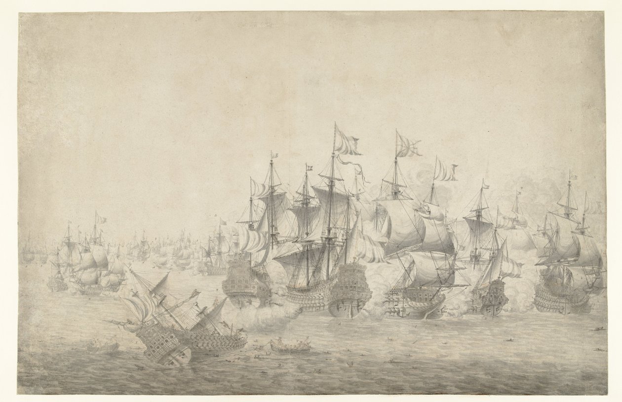 Une bataille navale, peut-être à Lowestoft le 13 juin 1665 (feuille de gauche) - Jan Abrahamsz. Beerstraten (possibly)