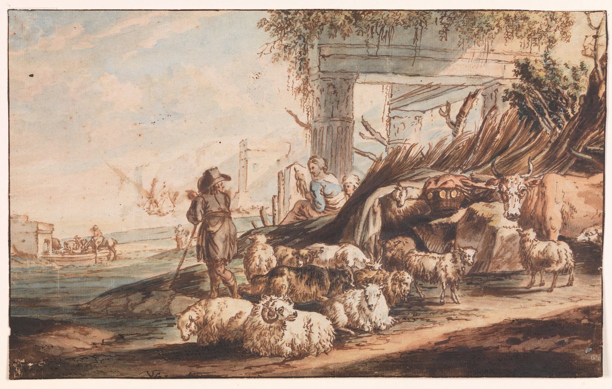 Berger avec un troupeau de moutons et une vache parmi les ruines - Jan Baptist Weenix