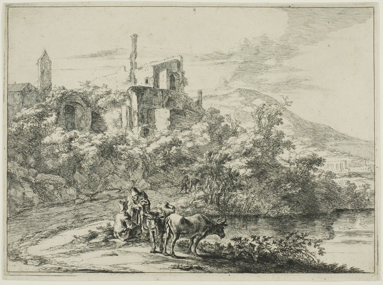 Paysage avec ruines et deux vaches au bord de l