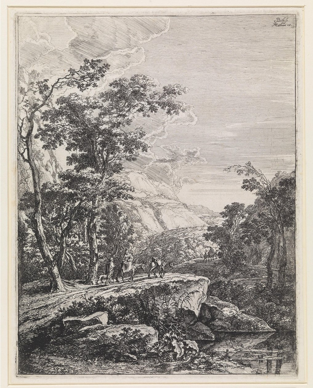 Paysage avec une femme montée sur une mule le long de l