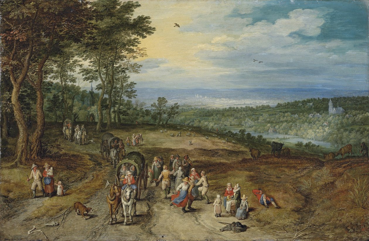 Vaste paysage boisé avec des voyageurs sur un chemin et des paysans dansant au premier plan / Landscape with Travellers and Peasants on a Track - Jan Brueghel the Elder