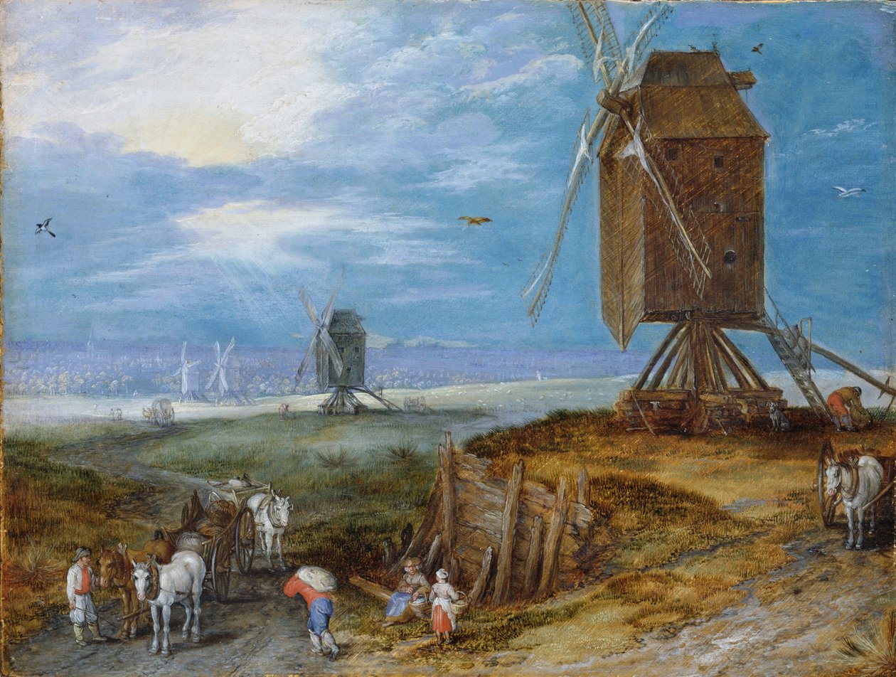 Néerlandais : Vaste paysage avec moulins, paysans et attelages au premier plan Vaste paysage avec moulins, paysans et attelages au premier plan - Jan Brueghel the Elder