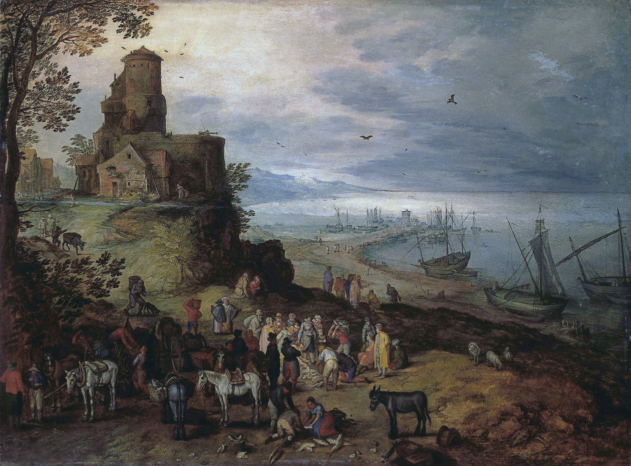 Marché aux poissons (appelant les apôtres Pierre et André) - Jan Brueghel the Elder