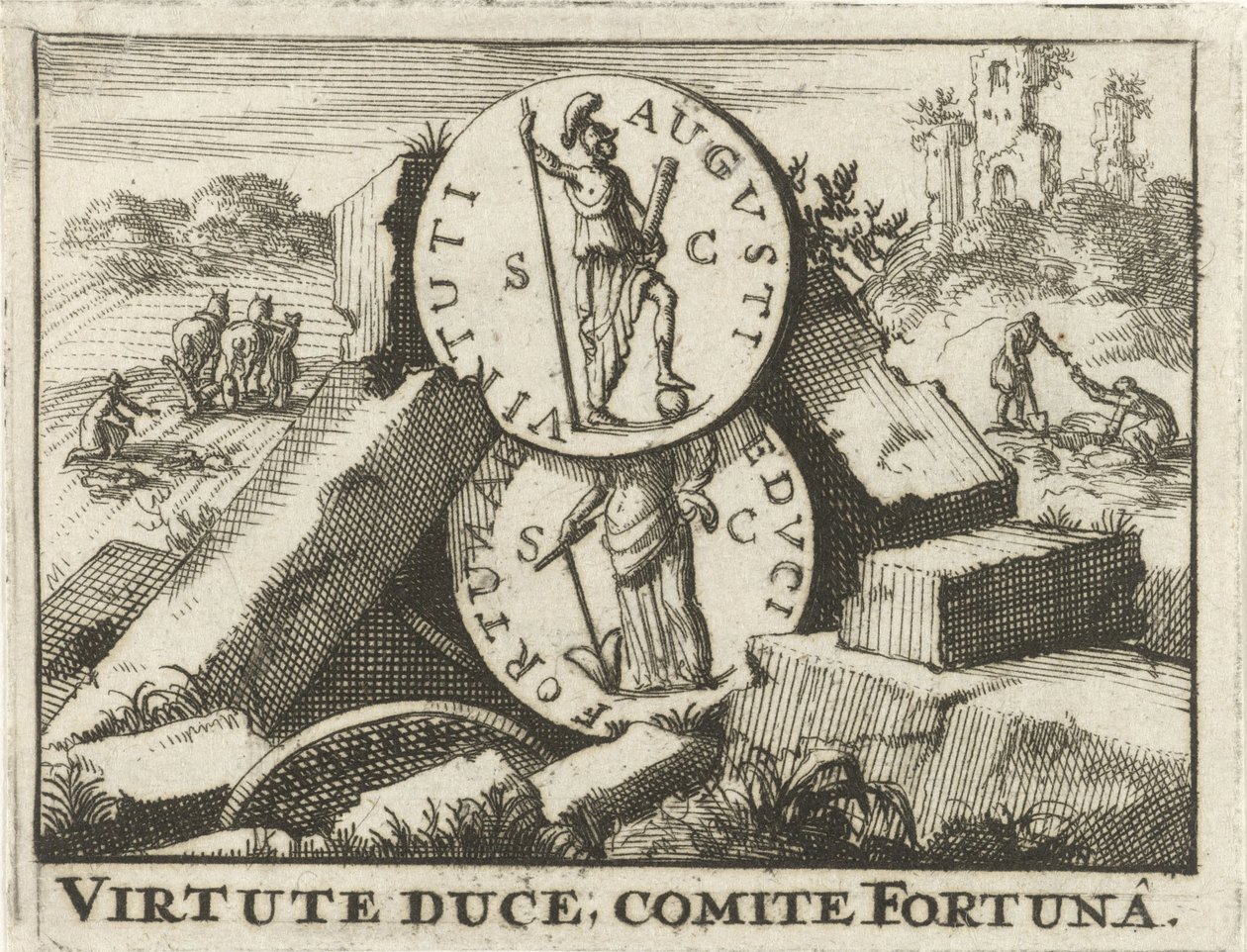 Monnaies romaines reposant sur un tas de pierres (Virtute Duce, Comite Fortuna) - Jan Claesz ten Hoorn