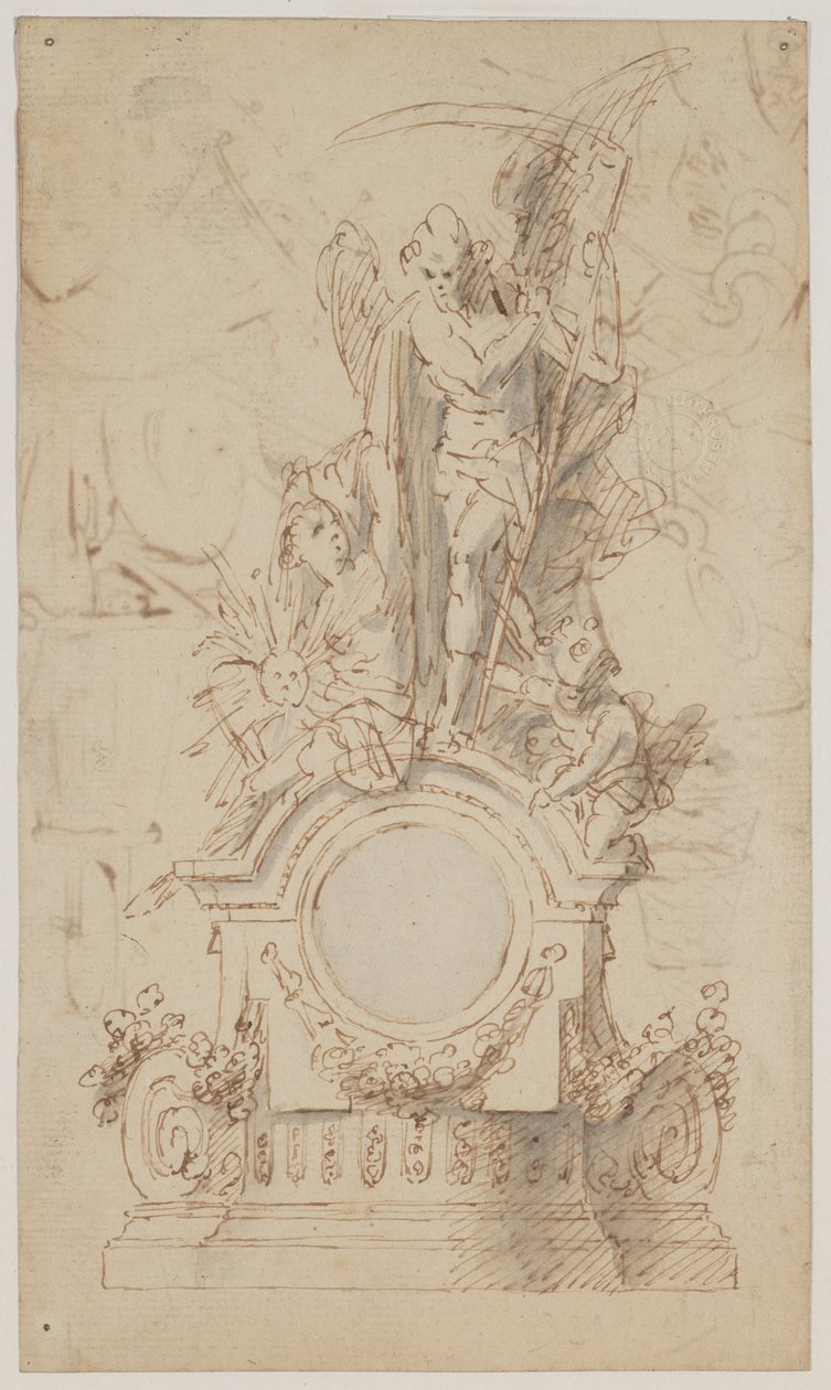 Dessin pour une horloge décorative avec Saturne et des anges - Jan Claudius de Cock