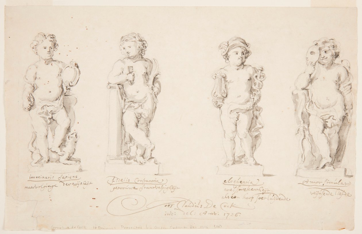 Dessin, projets de statues : "Sagesse". "Constance". "Eloquence". "Cupidon déguisé", 1726 - Jan Claudius de Cock