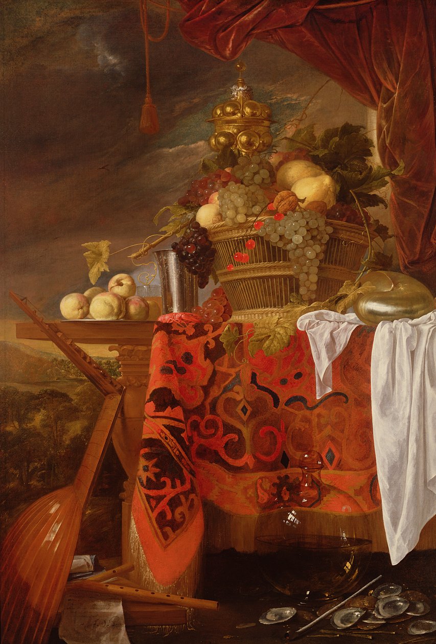 Un panier de fruits mélangés avec coupe dorée, calice en argent, nautile, verre et pêches sur une assiette - Jan Davidsz de Heem