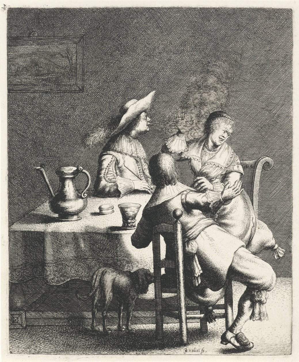 Fumeur soufflant de la fumée vers une femme (Geur) (De vijf zintuigen) - Jan Gillisz. van Vliet