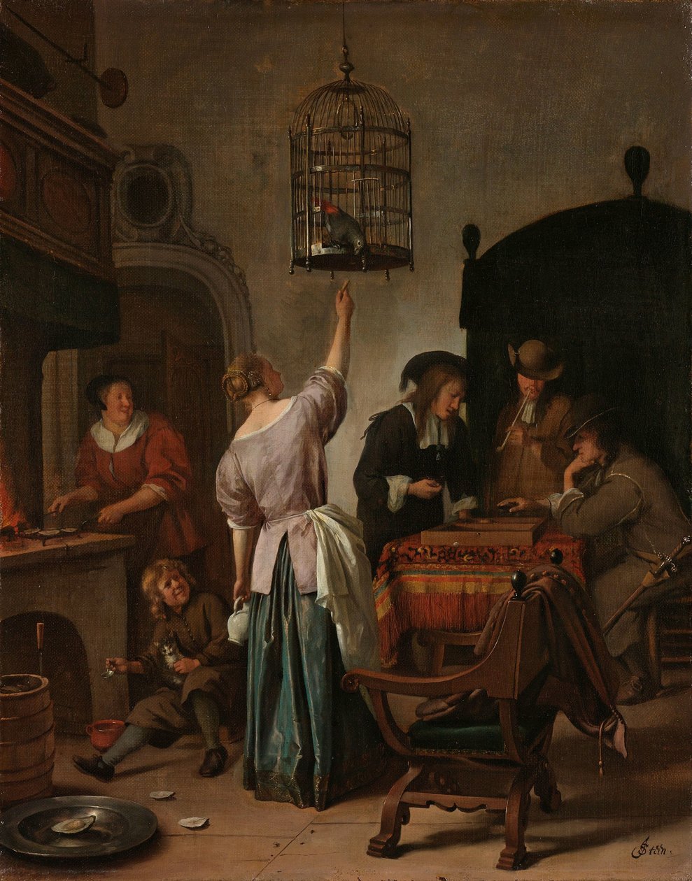 Intérieur avec une femme nourrissant un perroquet, connu sous le nom de 