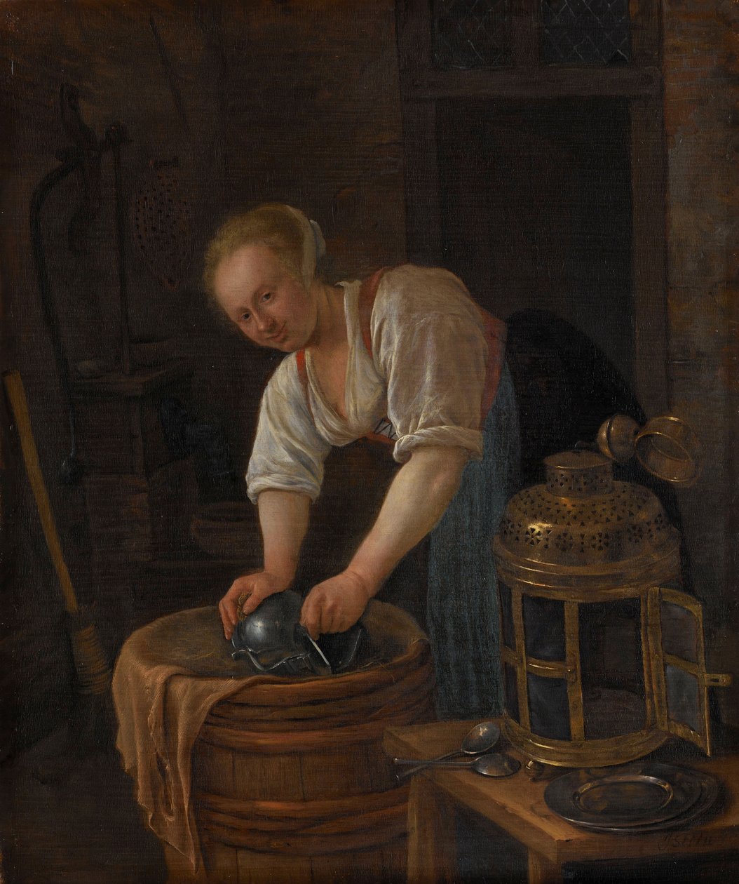 Femme récurant des ustensiles en métal, 1650-60 - Jan Havickszoon Steen