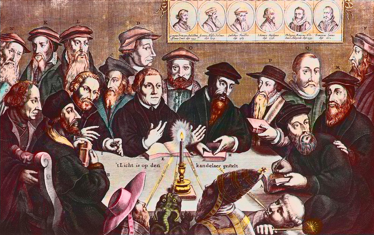 La lumière est placée sur le chandelier - Gravure de Jan Houwens montrant Les réformateurs - Jean Calvin et Martin Luther Rencontre imaginaire des leaders réformistes: John Wyclif - Jan Houwens
