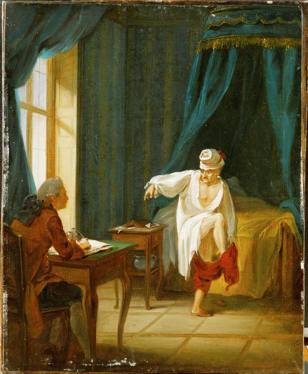 Voltaire en chemise de nuit, enfilant son pantalon tout en dictant à son secrétaire, dans sa maison de Fernet, France ... (huile sur papier collé sur carton) - Jan Huber