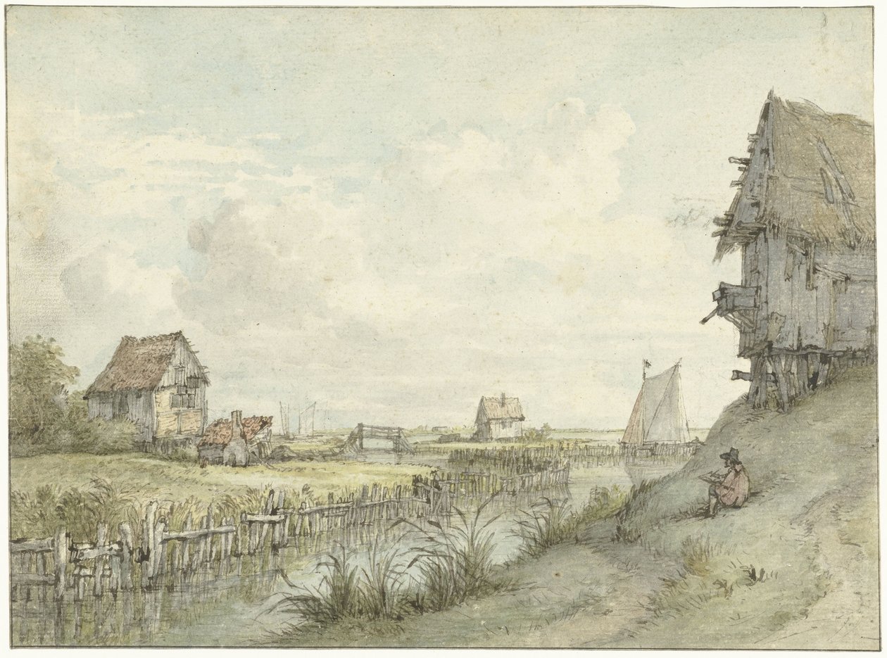 Paysage fluvial avec dessinateur esquissant entre des cabanes - Jan Hulswit