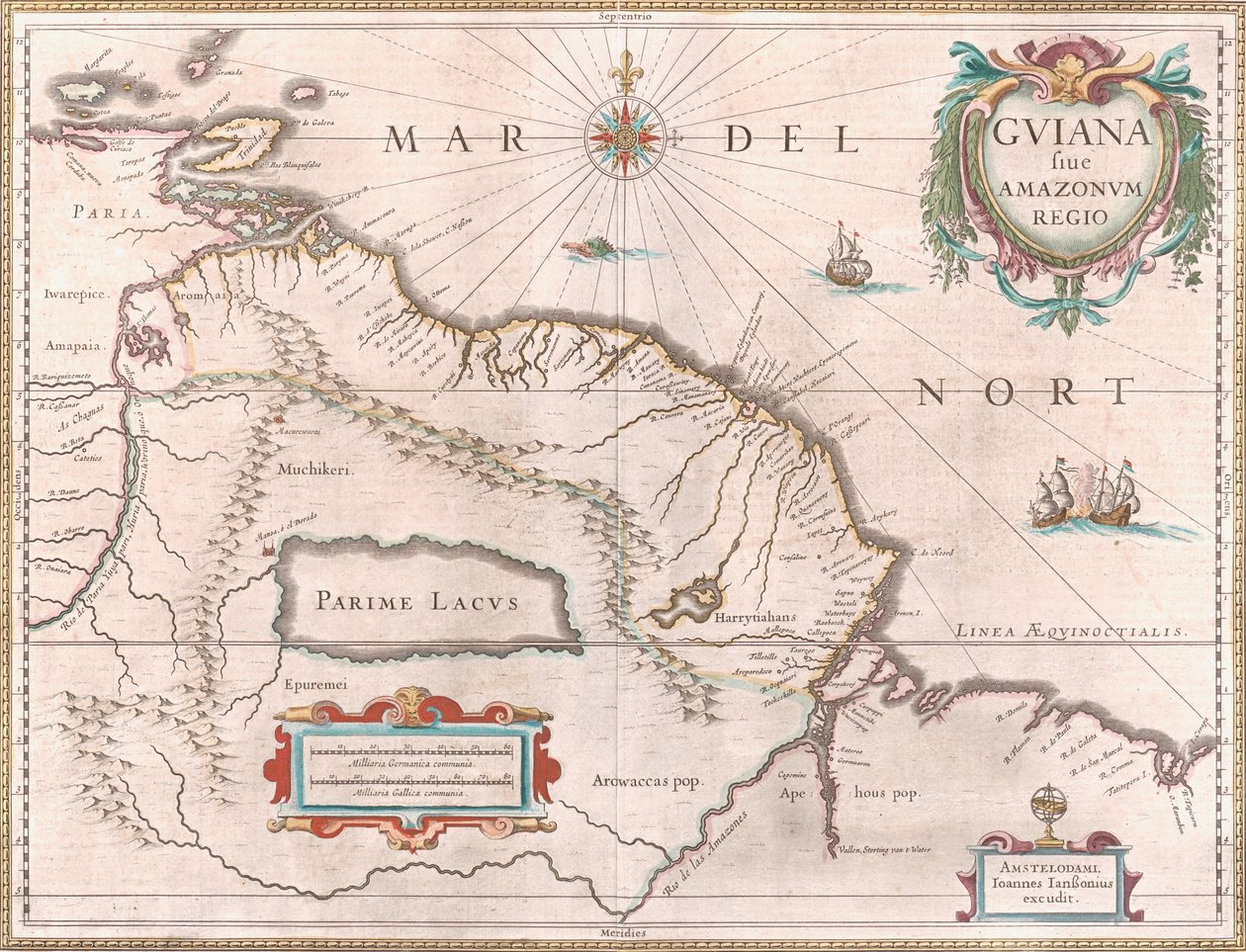 Carte créée vers 1649 représentant la région de la Guyane. Territoire revendiqué par l