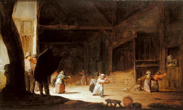 Un masqué effrayant des enfants dans une grange - Jan Jansz van Buesem