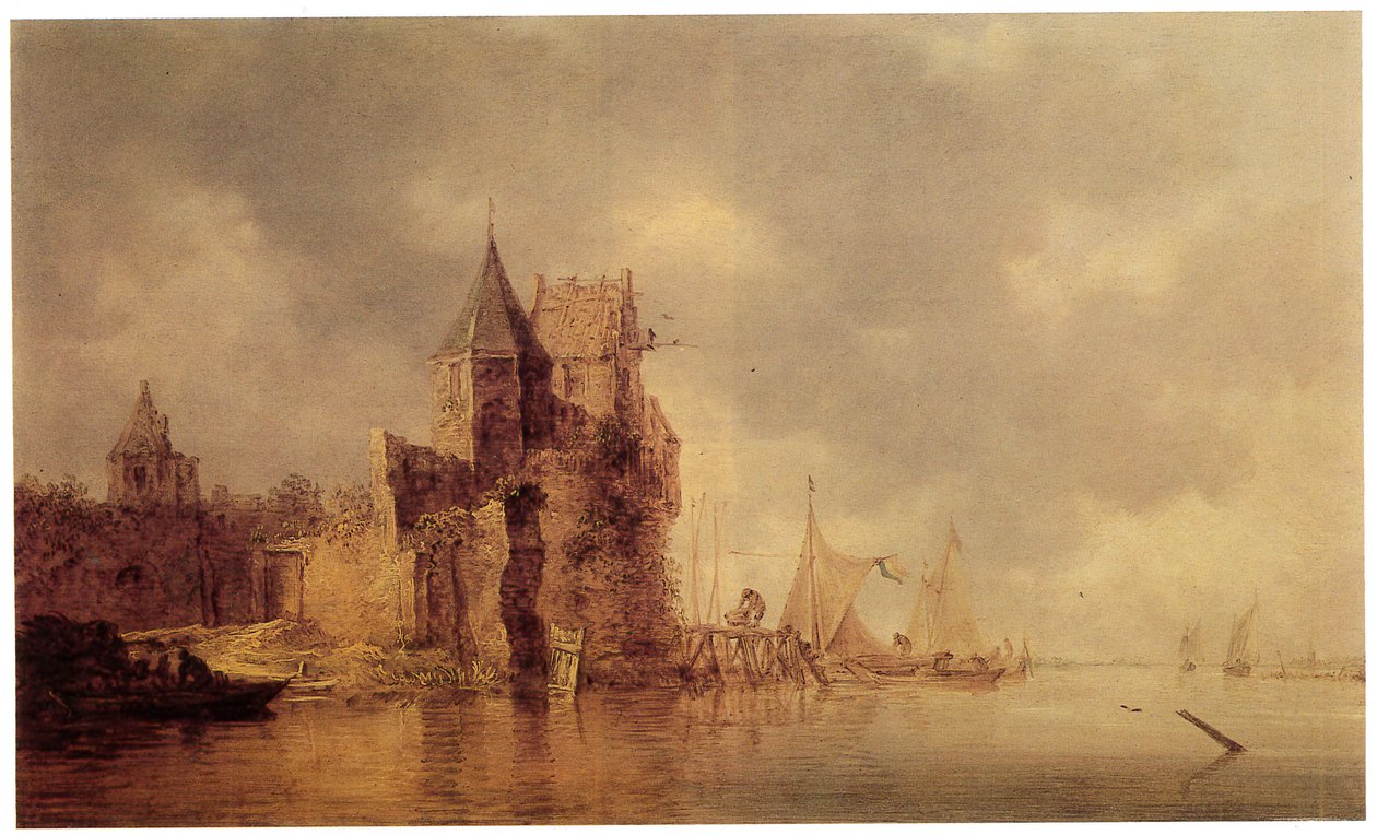 Une tour médiévale sur un rempart de château avec des navires à voile à un quai et une barque au premier plan, vers 1642 - Jan Josephsz van Goyen